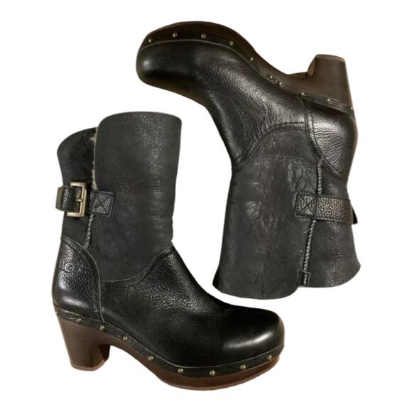UGG Amoret women’s black leather sheep shearling platform COZY boots size 6 NEW - Picture 9 of 11